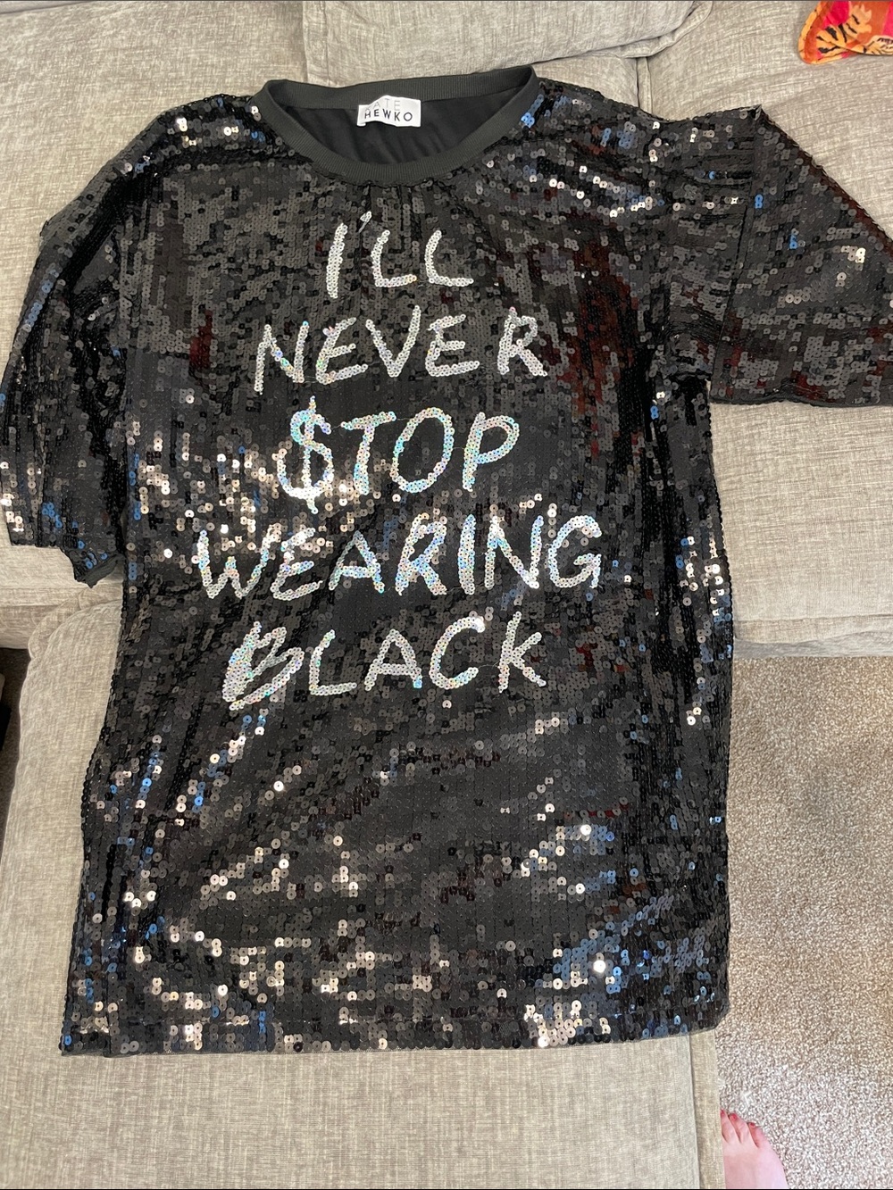 HEWKO Black Sequin Mini Dress with Slogan